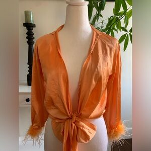 Rumours Vibrant Orange Top with Feathered Cuffs